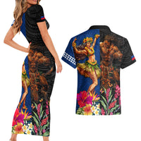 Hawaii and Samoa Together Couples Matching Short Sleeve Bodycon Dress and Hawaiian Shirt Samoan Warrior and Beauty Hula Girl LT03 - Polynesian Pride