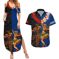 Hawaii and Samoa Together Couples Matching Summer Maxi Dress and Hawaiian Shirt Samoan Warrior and Beauty Hula Girl LT03 Black - Polynesian Pride