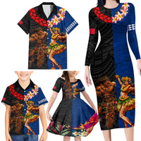 Hawaii and Samoa Together Family Matching Long Sleeve Bodycon Dress and Hawaiian Shirt Samoan Warrior and Beauty Hula Girl LT03 - Polynesian Pride