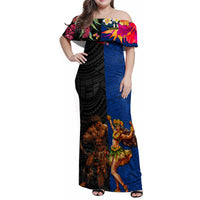 Hawaii and Samoa Together Family Matching Off Shoulder Maxi Dress and Hawaiian Shirt Samoan Warrior and Beauty Hula Girl LT03 Mom's Dress Black - Polynesian Pride