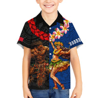 Hawaii and Samoa Together Family Matching Off Shoulder Short Dress and Hawaiian Shirt Samoan Warrior and Beauty Hula Girl LT03 Son's Shirt Black - Polynesian Pride