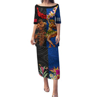 Hawaii and Samoa Together Family Matching Puletasi and Hawaiian Shirt Samoan Warrior and Beauty Hula Girl LT03 Mom's Dress Black - Polynesian Pride