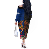 Hawaii and Samoa Together Off The Shoulder Long Sleeve Dress Samoan Warrior and Beauty Hula Girl