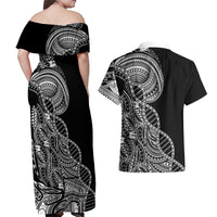 Samoan DNA Art Tattoo Couples Matching Off Shoulder Maxi Dress and Hawaiian Shirt Polynesian Pattern Black Color