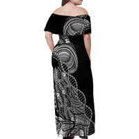 Samoan DNA Art Tattoo Family Matching Off Shoulder Maxi Dress and Hawaiian Shirt Polynesian Pattern Black Color