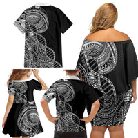 Samoan DNA Art Tattoo Family Matching Off Shoulder Short Dress and Hawaiian Shirt Polynesian Pattern Black Color