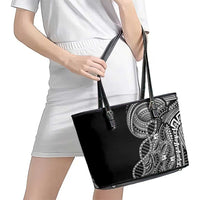 Samoan DNA Art Tattoo Leather Tote Bag Polynesian Pattern Black Color