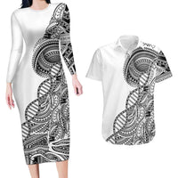 Samoan DNA Art Tattoo Couples Matching Long Sleeve Bodycon Dress and Hawaiian Shirt Polynesian Pattern White Color