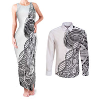 Samoan DNA Art Tattoo Couples Matching Tank Maxi Dress and Long Sleeve Button Shirt Polynesian Pattern White Color