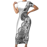 Samoan DNA Art Tattoo Family Matching Short Sleeve Bodycon Dress and Hawaiian Shirt Polynesian Pattern White Color LT03 Mom's Dress White - Polynesian Pride