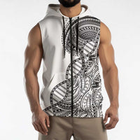 Samoan DNA Art Tattoo Sleeveless Zip Hoodie Polynesian Pattern White Color