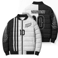 Custom New Zealand Football Bomber Puffer Jacket Silver Fern and Maori Tribal Black White Half Sporty Style LT03 - Polynesian Pride