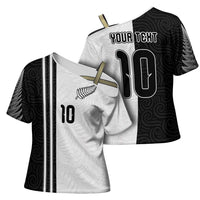 Custom New Zealand Football Cross Shoulder Shirt Silver Fern and Maori Tribal Black White Half Sporty Style LT03 - Polynesian Pride