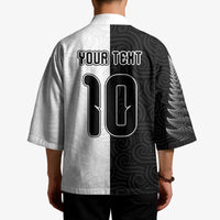 Custom New Zealand Football Kimono Silver Fern and Maori Tribal Black White Half Sporty Style LT03 - Polynesian Pride