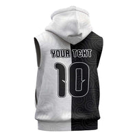 Custom New Zealand Football Sleeveless Zip Hoodie Silver Fern and Maori Tribal Black White Half Sporty Style LT03 - Polynesian Pride