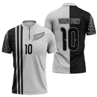 Custom New Zealand Football Zipper Polo Shirt Silver Fern and Maori Tribal Black White Half Sporty Style LT03 - Polynesian Pride