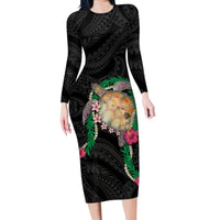Hawaii Pikake and Maile Lei Family Matching Long Sleeve Bodycon Dress and Hawaiian Shirt Honu Polynesian Pattern Black Color LT03 Mom's Dress Black - Polynesian Pride