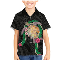 Hawaii Pikake and Maile Lei Family Matching Mermaid Dress and Hawaiian Shirt Honu Polynesian Pattern Black Color LT03 Son's Shirt Black - Polynesian Pride