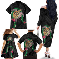 Hawaii Pikake and Maile Lei Family Matching Off The Shoulder Long Sleeve Dress and Hawaiian Shirt Honu Polynesian Pattern Black Color LT03 - Polynesian Pride
