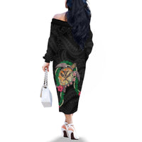Hawaii Pikake and Maile Lei Family Matching Off The Shoulder Long Sleeve Dress and Hawaiian Shirt Honu Polynesian Pattern Black Color LT03 - Polynesian Pride
