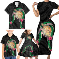 Hawaii Pikake and Maile Lei Family Matching Short Sleeve Bodycon Dress and Hawaiian Shirt Honu Polynesian Pattern Black Color LT03 - Polynesian Pride