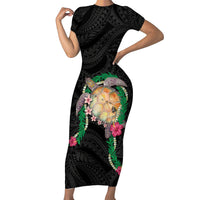 Hawaii Pikake and Maile Lei Family Matching Short Sleeve Bodycon Dress and Hawaiian Shirt Honu Polynesian Pattern Black Color LT03 Mom's Dress Black - Polynesian Pride