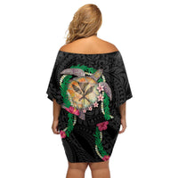 Hawaii Pikake and Maile Lei Off Shoulder Short Dress Honu Polynesian Pattern Black Color LT03 - Polynesian Pride