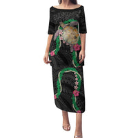 Hawaii Pikake and Maile Lei Puletasi Honu Polynesian Pattern Black Color LT03 Long Dress Black - Polynesian Pride