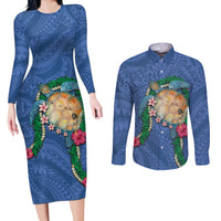 Hawaii Pikake and Maile Lei Couples Matching Long Sleeve Bodycon Dress and Long Sleeve Button Shirt Honu Polynesian Pattern Blue Color