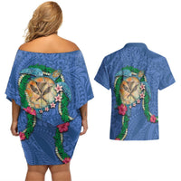 Hawaii Pikake and Maile Lei Couples Matching Off Shoulder Short Dress and Hawaiian Shirt Honu Polynesian Pattern Blue Color LT03 - Polynesian Pride
