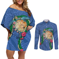 Hawaii Pikake and Maile Lei Couples Matching Off Shoulder Short Dress and Long Sleeve Button Shirt Honu Polynesian Pattern Blue Color LT03 Blue - Polynesian Pride