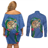 Hawaii Pikake and Maile Lei Couples Matching Off Shoulder Short Dress and Long Sleeve Button Shirt Honu Polynesian Pattern Blue Color LT03 - Polynesian Pride
