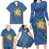 Hawaii Pikake and Maile Lei Family Matching Long Sleeve Bodycon Dress and Hawaiian Shirt Honu Polynesian Pattern Blue Color LT03 - Polynesian Pride