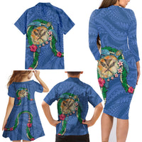 Hawaii Pikake and Maile Lei Family Matching Long Sleeve Bodycon Dress and Hawaiian Shirt Honu Polynesian Pattern Blue Color LT03 - Polynesian Pride