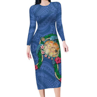 Hawaii Pikake and Maile Lei Family Matching Long Sleeve Bodycon Dress and Hawaiian Shirt Honu Polynesian Pattern Blue Color LT03 Mom's Dress Blue - Polynesian Pride
