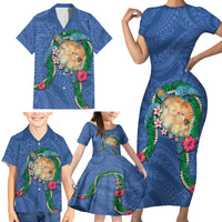 Hawaii Pikake and Maile Lei Family Matching Short Sleeve Bodycon Dress and Hawaiian Shirt Honu Polynesian Pattern Blue Color LT03 - Polynesian Pride
