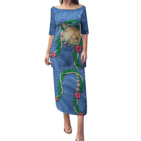 Hawaii Pikake and Maile Lei Puletasi Honu Polynesian Pattern Blue Color LT03 Long Dress Blue - Polynesian Pride