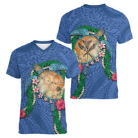Hawaii Pikake and Maile Lei Women V-Neck T-Shirt Honu Polynesian Pattern Blue Color