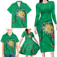 Hawaii Pikake and Maile Lei Family Matching Long Sleeve Bodycon Dress and Hawaiian Shirt Honu Polynesian Pattern Green Color LT03 - Polynesian Pride