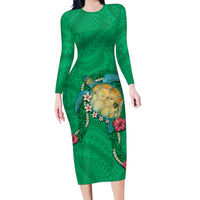 Hawaii Pikake and Maile Lei Family Matching Long Sleeve Bodycon Dress and Hawaiian Shirt Honu Polynesian Pattern Green Color LT03 Mom's Dress Green - Polynesian Pride
