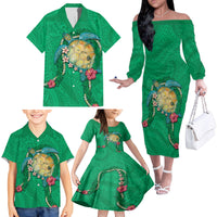 Hawaii Pikake and Maile Lei Family Matching Off The Shoulder Long Sleeve Dress and Hawaiian Shirt Honu Polynesian Pattern Green Color LT03 - Polynesian Pride