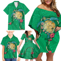 Hawaii Pikake and Maile Lei Family Matching Off Shoulder Short Dress and Hawaiian Shirt Honu Polynesian Pattern Green Color LT03 - Polynesian Pride
