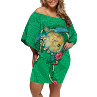 Hawaii Pikake and Maile Lei Family Matching Off Shoulder Short Dress and Hawaiian Shirt Honu Polynesian Pattern Green Color LT03 Mom's Dress Green - Polynesian Pride