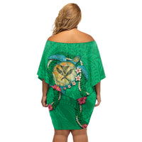 Hawaii Pikake and Maile Lei Family Matching Off Shoulder Short Dress and Hawaiian Shirt Honu Polynesian Pattern Green Color LT03 - Polynesian Pride