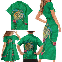 Hawaii Pikake and Maile Lei Family Matching Short Sleeve Bodycon Dress and Hawaiian Shirt Honu Polynesian Pattern Green Color LT03 - Polynesian Pride