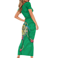 Hawaii Pikake and Maile Lei Family Matching Short Sleeve Bodycon Dress and Hawaiian Shirt Honu Polynesian Pattern Green Color LT03 - Polynesian Pride