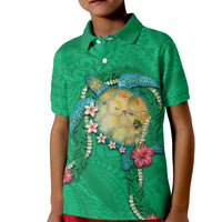 Hawaii Pikake and Maile Lei Kid Polo Shirt Honu Polynesian Pattern Green Color