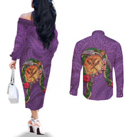 Hawaii Pikake and Maile Lei Couples Matching Off The Shoulder Long Sleeve Dress and Long Sleeve Button Shirt Honu Polynesian Pattern Pink Color