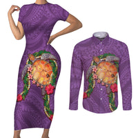 Hawaii Pikake and Maile Lei Couples Matching Short Sleeve Bodycon Dress and Long Sleeve Button Shirt Honu Polynesian Pattern Pink Color