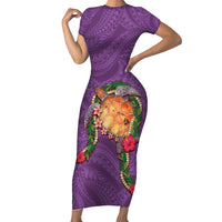 Hawaii Pikake and Maile Lei Family Matching Short Sleeve Bodycon Dress and Hawaiian Shirt Honu Polynesian Pattern Pink Color LT03 Mom's Dress Pink - Polynesian Pride